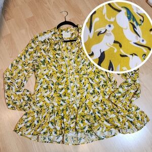 Anthropologie Maeve Rabbit Print Yellow Janie Flounce Peasant Button Blouse Sz 6